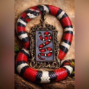 King snake original art painted and resined brass antique finish bezel Pendant